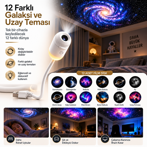 Galaxy Projektör Gece Lambası – Yıldız ve Galaksi Yansıtmalı USB Gece Işığı